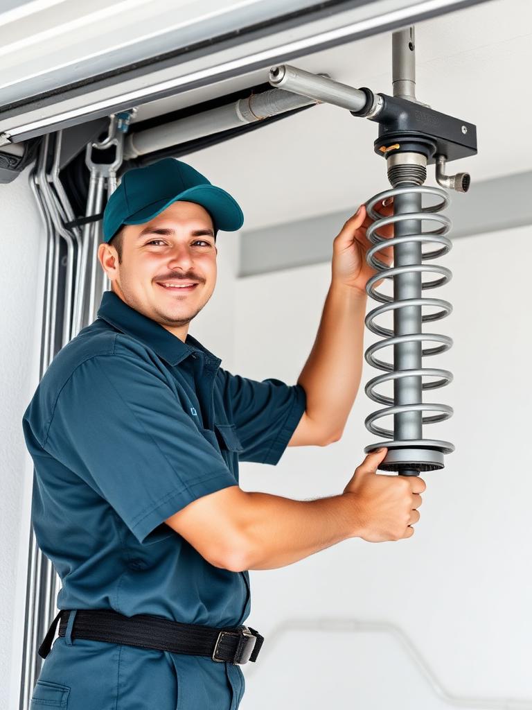 Professional garage door technician inspecting a garage door